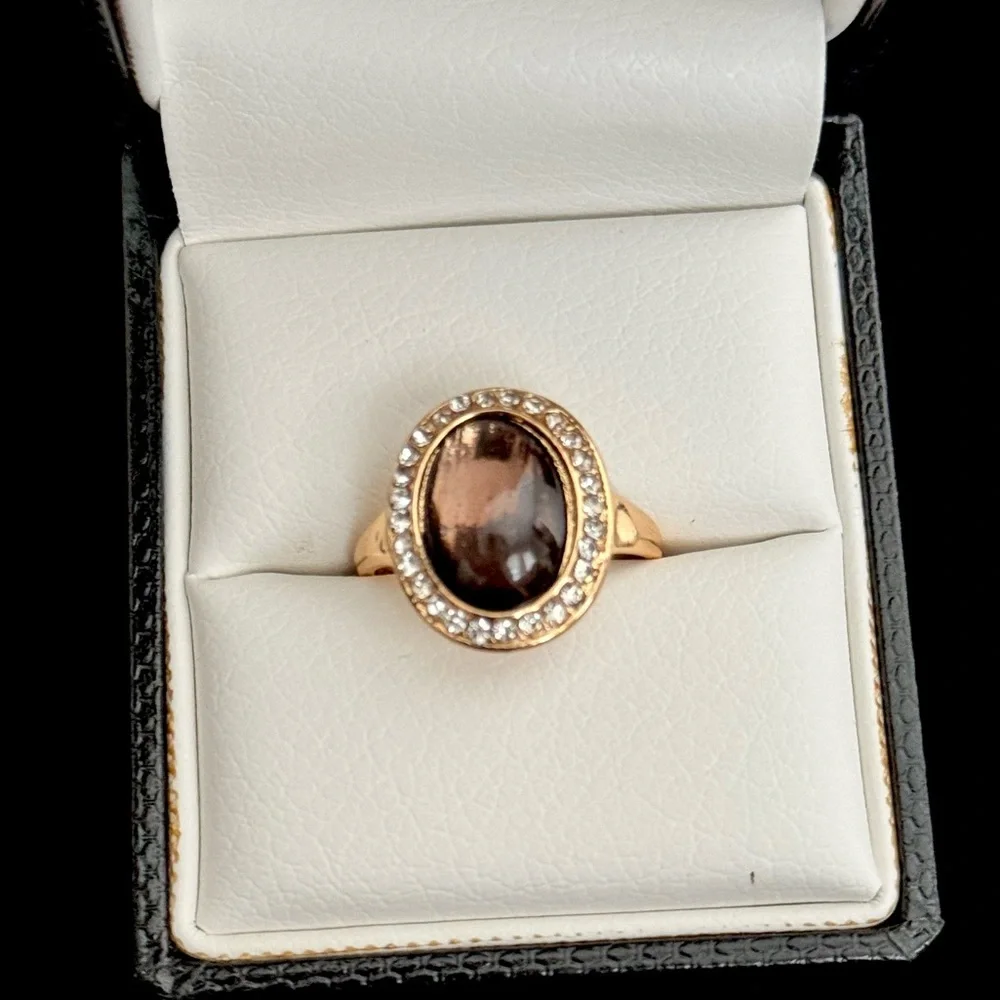Gold Tone Oval Halo Ring with Smoky Brown Stone | Vintage Style Statement Ring - Picture 2 of 3